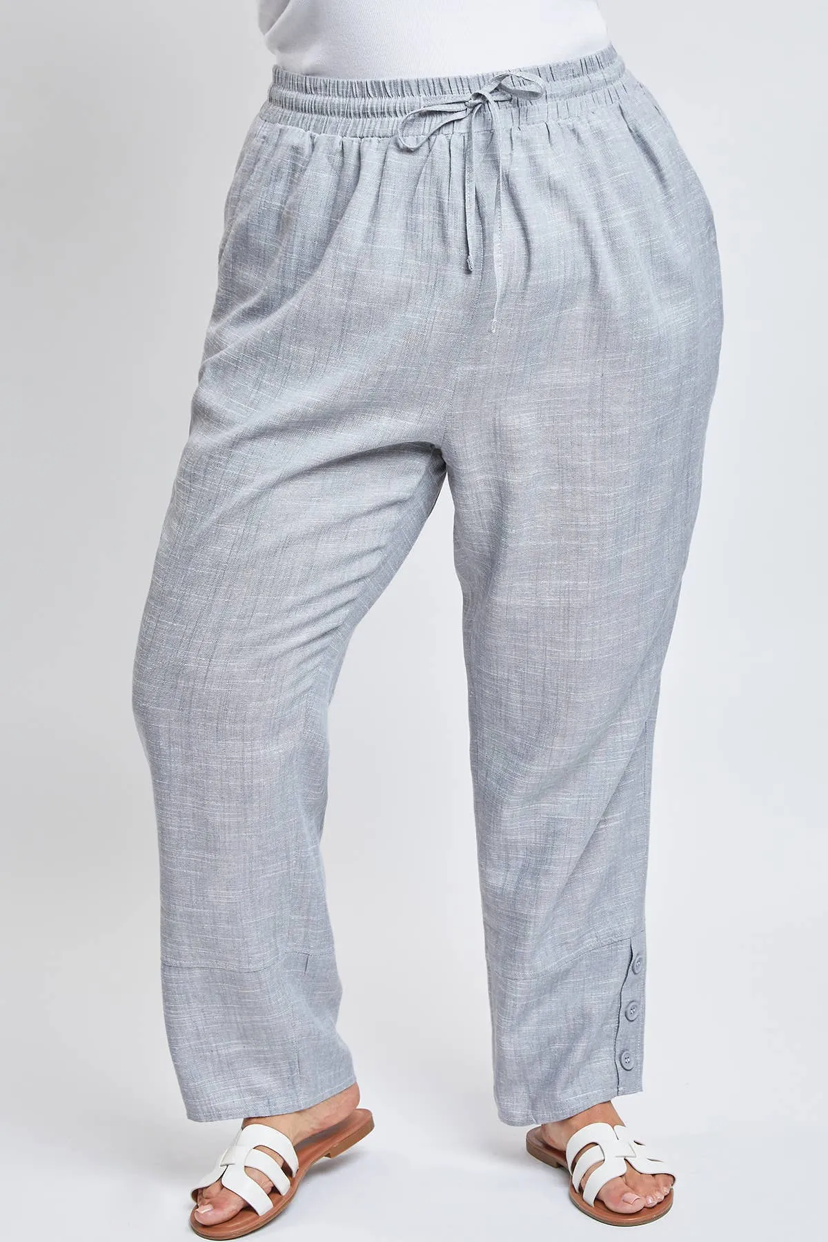 Linen Button Hem Flood Pants (Missy Plus Size)