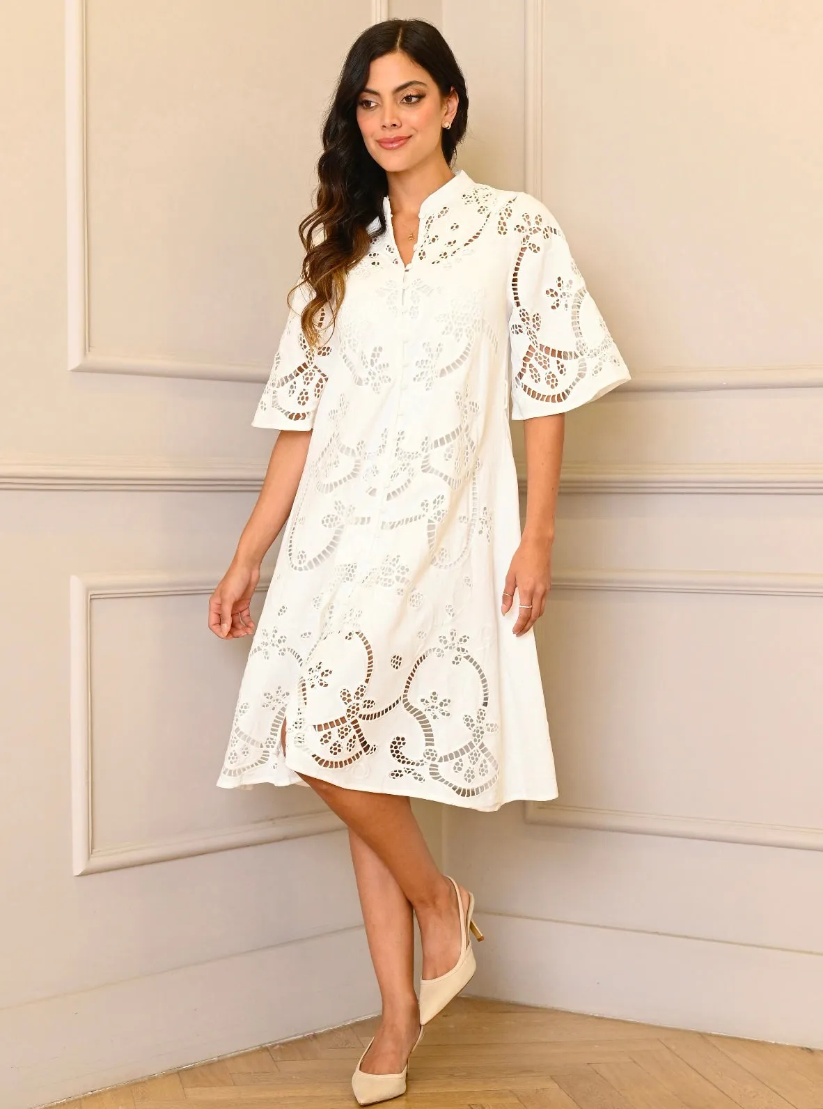 Linen Embroidered Belted White Dress