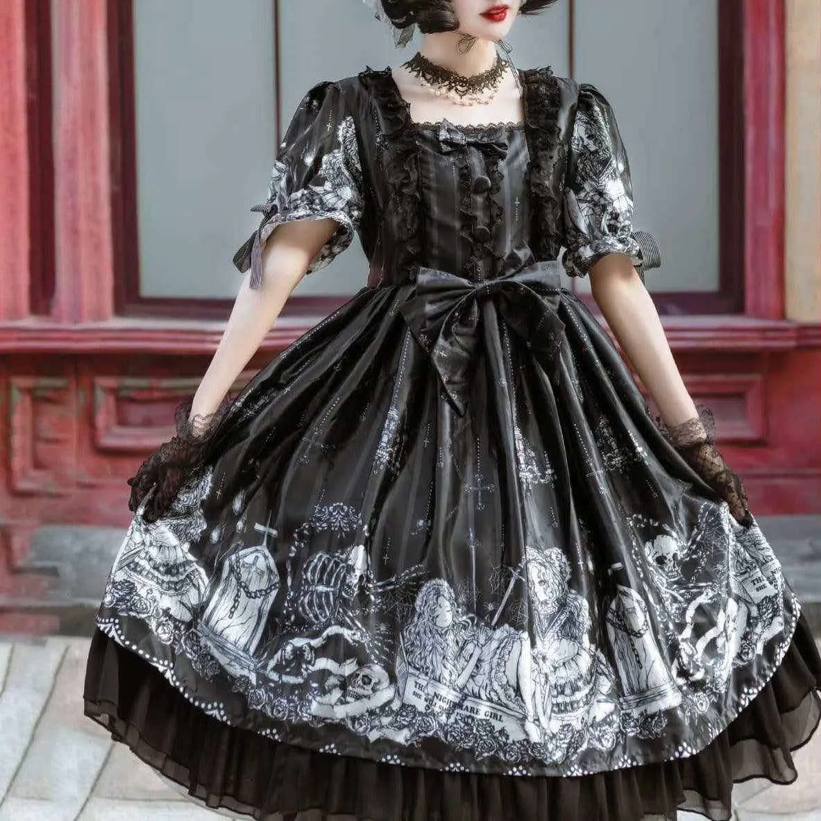 Lolita Lace Ruffles Front Bowknot Dress