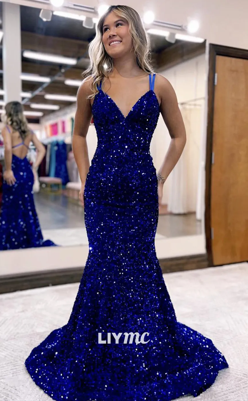 LP1232 - Sexy V-Neck Trumpet/Mermaid Sequins Sleeveless Party Prom Dress