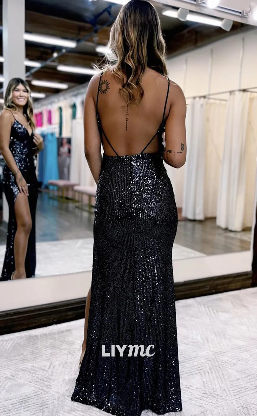 LP1248 -  V-Neck Sparkly Mermaid Backless Sequins Long Party Prom Dress