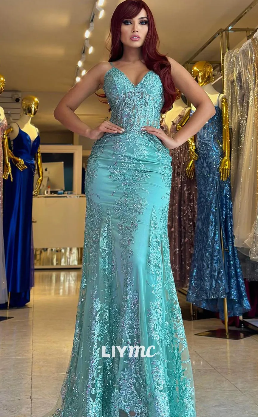 LP1305 - V-Neck Spaghetti Straps Appliques Bodice Mermaid Prom Dress