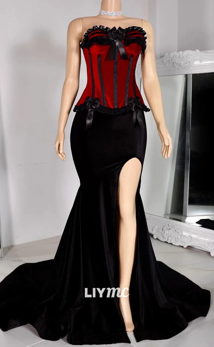 LP2209 - Sweetheart Ruffled Sleeveless High Slit Sexy Prom Dress for Black Girls