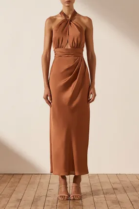 LUXE GATHERED HALTER MIDI DRESS - MOCHA