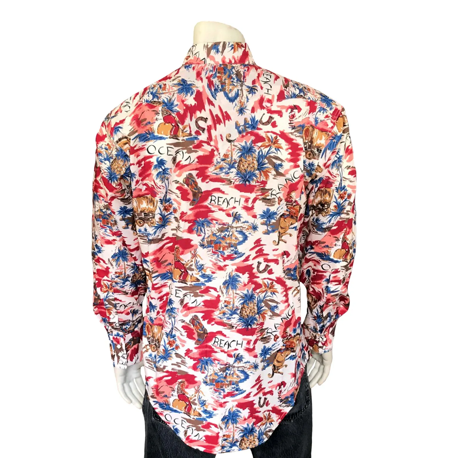 Men’s Red Western Hawaiian Print Long Sleeve Shirt