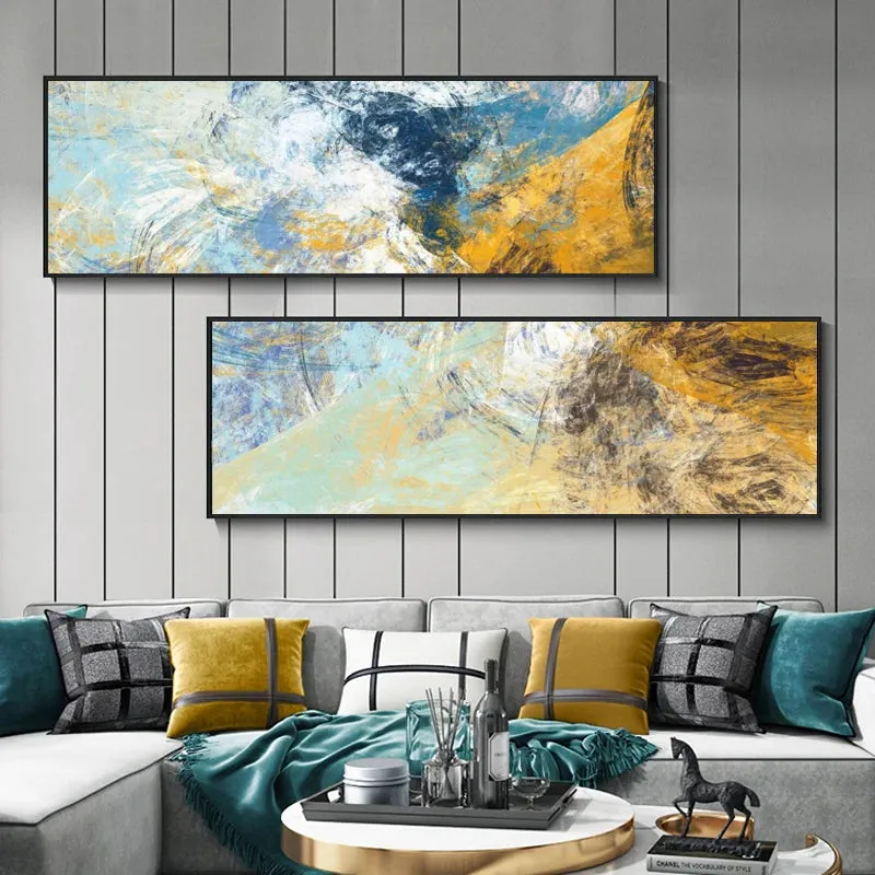 Modern Abstract Blue Yellow Color Splash Wall Art Fine Art Canvas Prints Wide Format Pictures For Above The Sofa Bedroom Art For Above The Bed