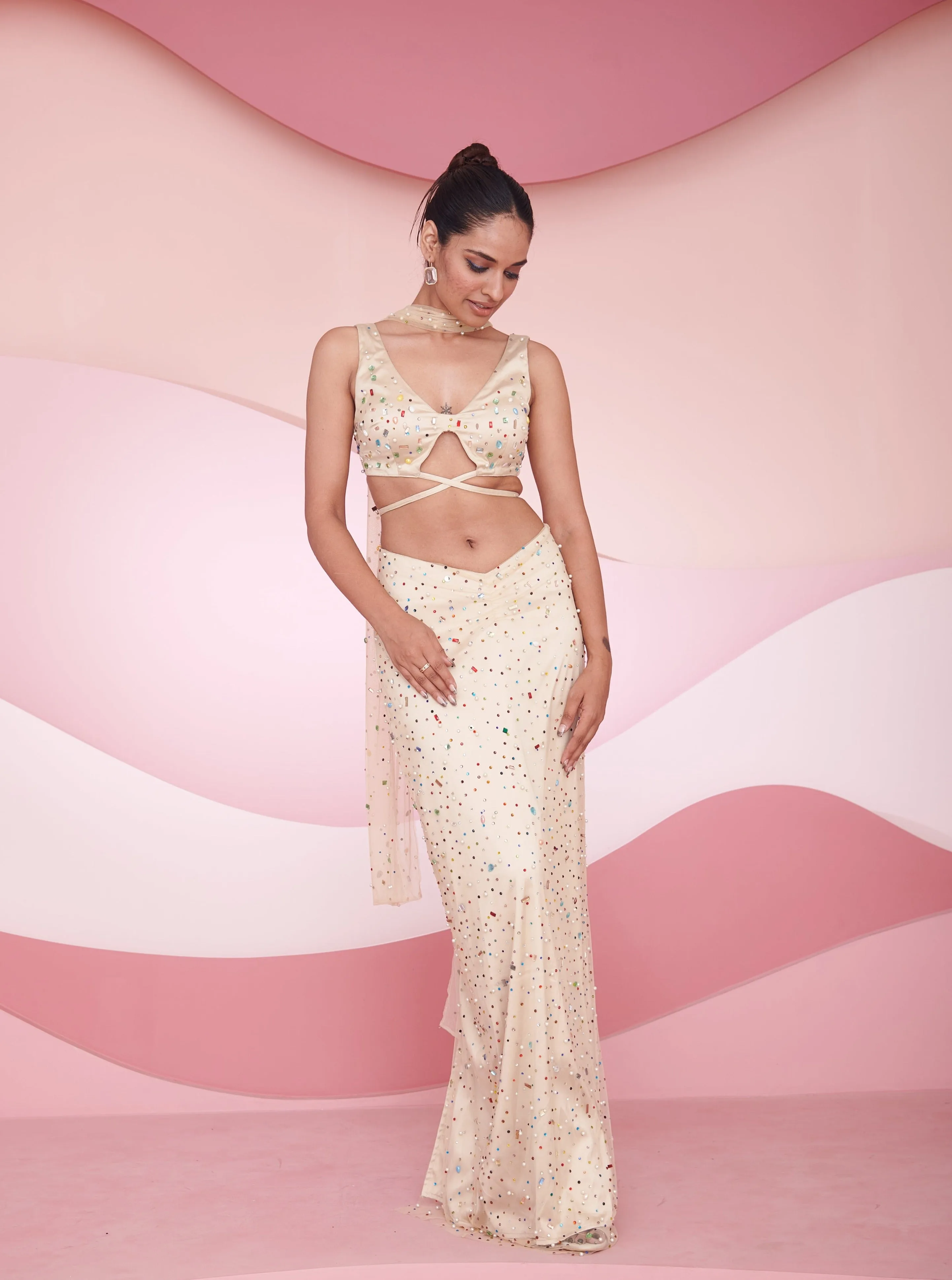 Novi Nude Rhinestone Hand Embroidered Coord Set