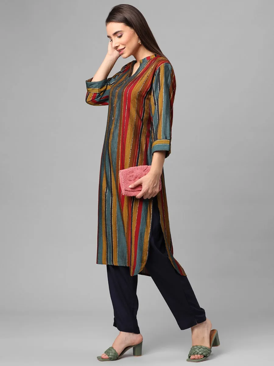 Olive Multi Stripe Printed Kurta With Trouser