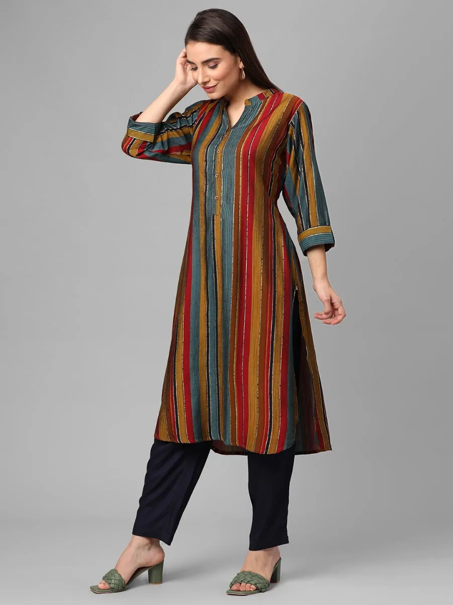 Olive Multi Stripe Printed Kurta With Trouser