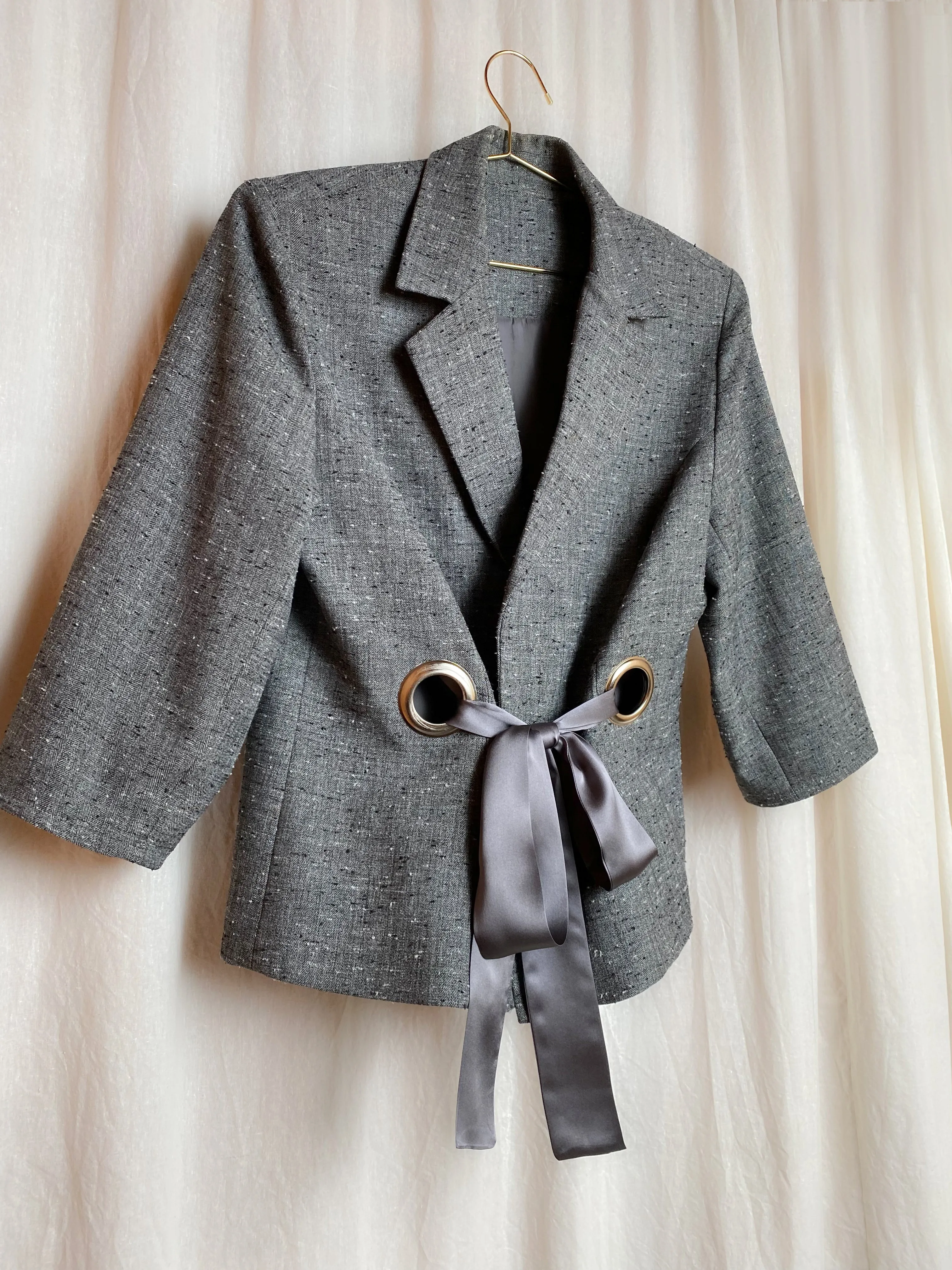 OUT OF OFFICE SUIT JACKET [ Textured Grey Tie Blazer, Silver Eyelets, Up To Size Medium / Large ]