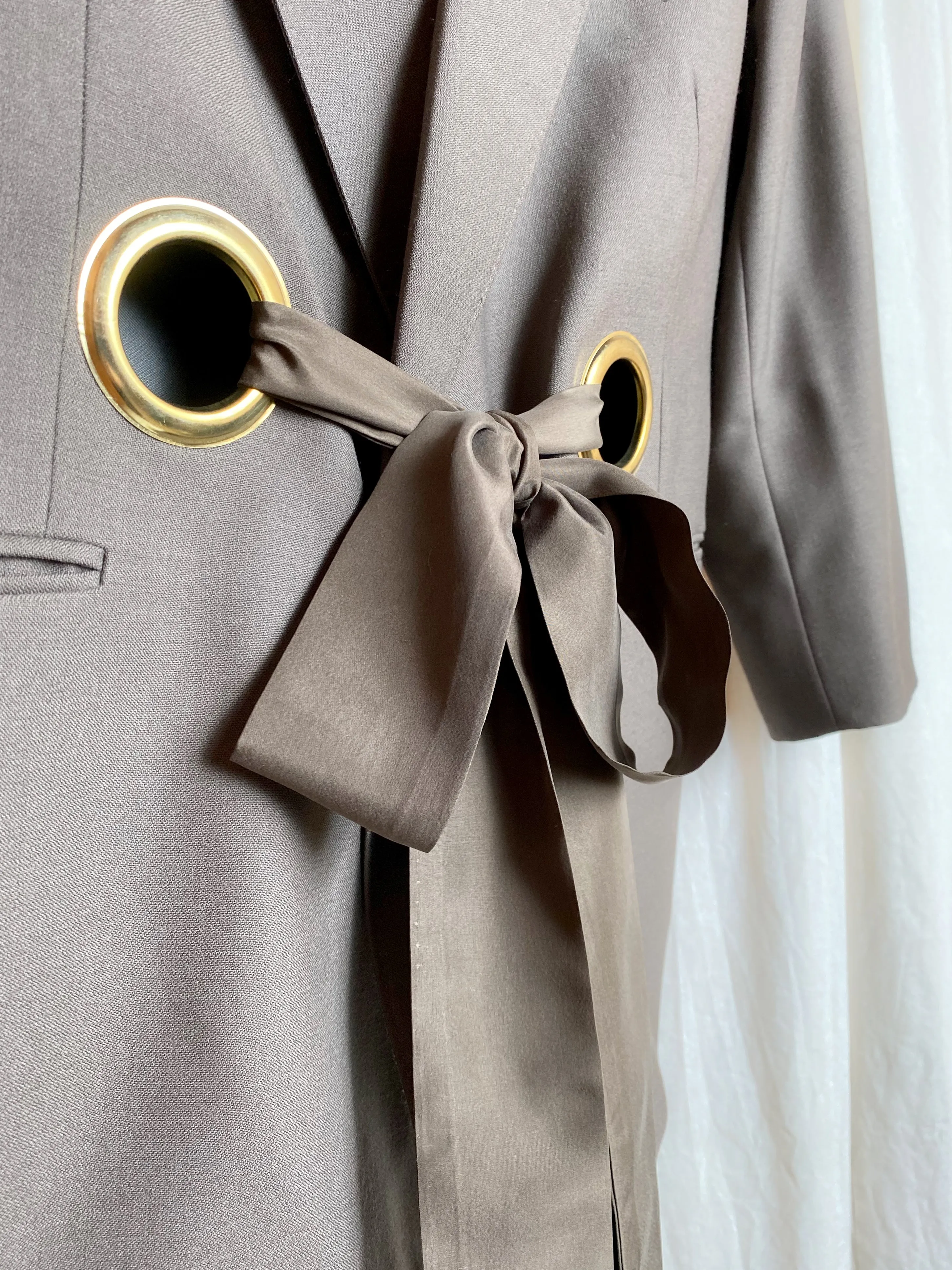 OUT OF OFFICE SUIT JACKET [ Wool Blend, Brown Tie Blazer, Gold Eyelets, Up To Size Extra Large ]