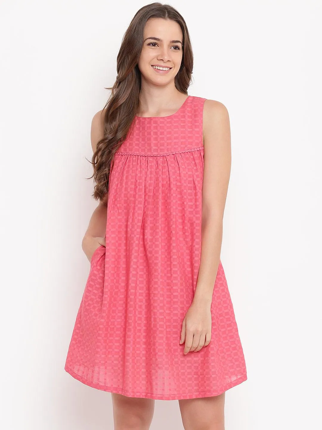 Pink Grid Gathered Dress