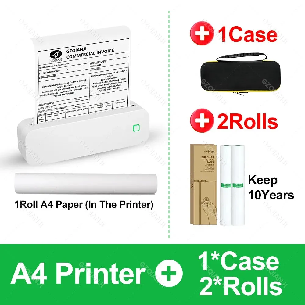 Portable Mini Thermal Printer Bluetooth with A4 Roll Paper Case Bag for Mobile Phone Office Documents PDF World Printing