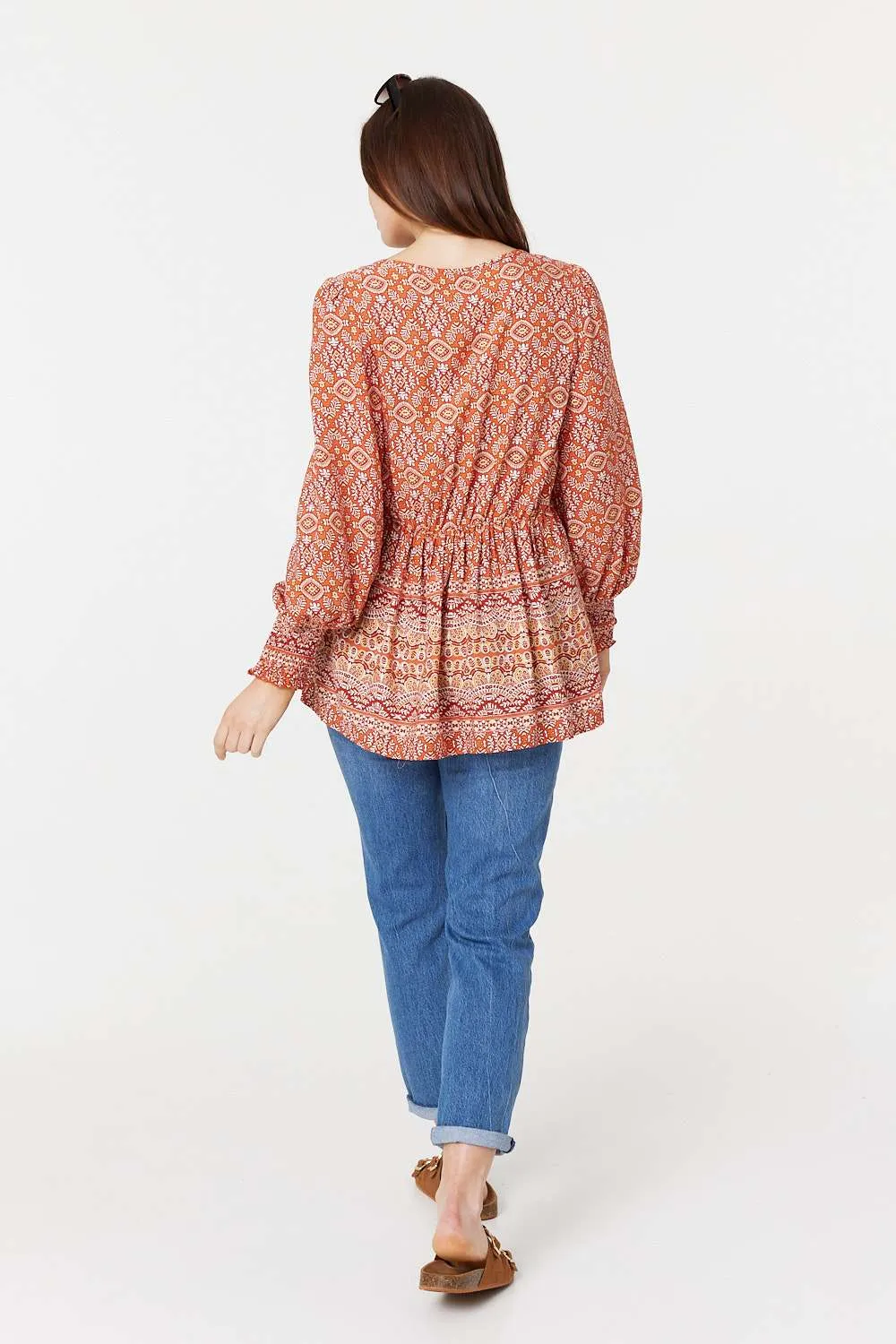 Printed Tassel Drawstring Blouse