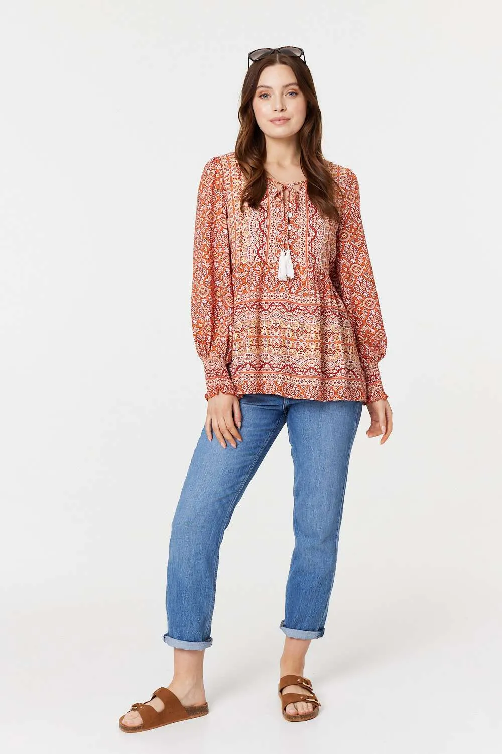 Printed Tassel Drawstring Blouse