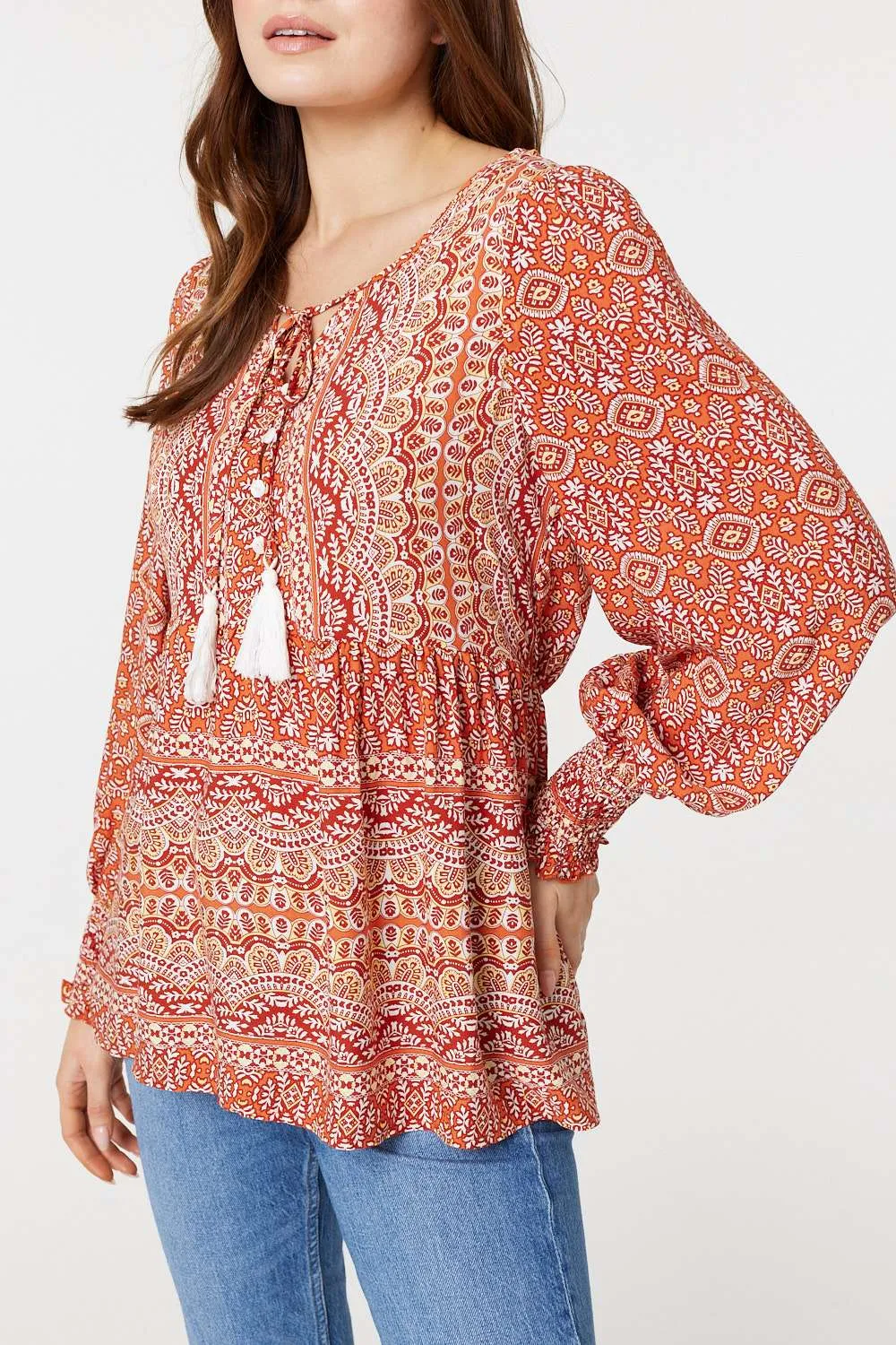 Printed Tassel Drawstring Blouse