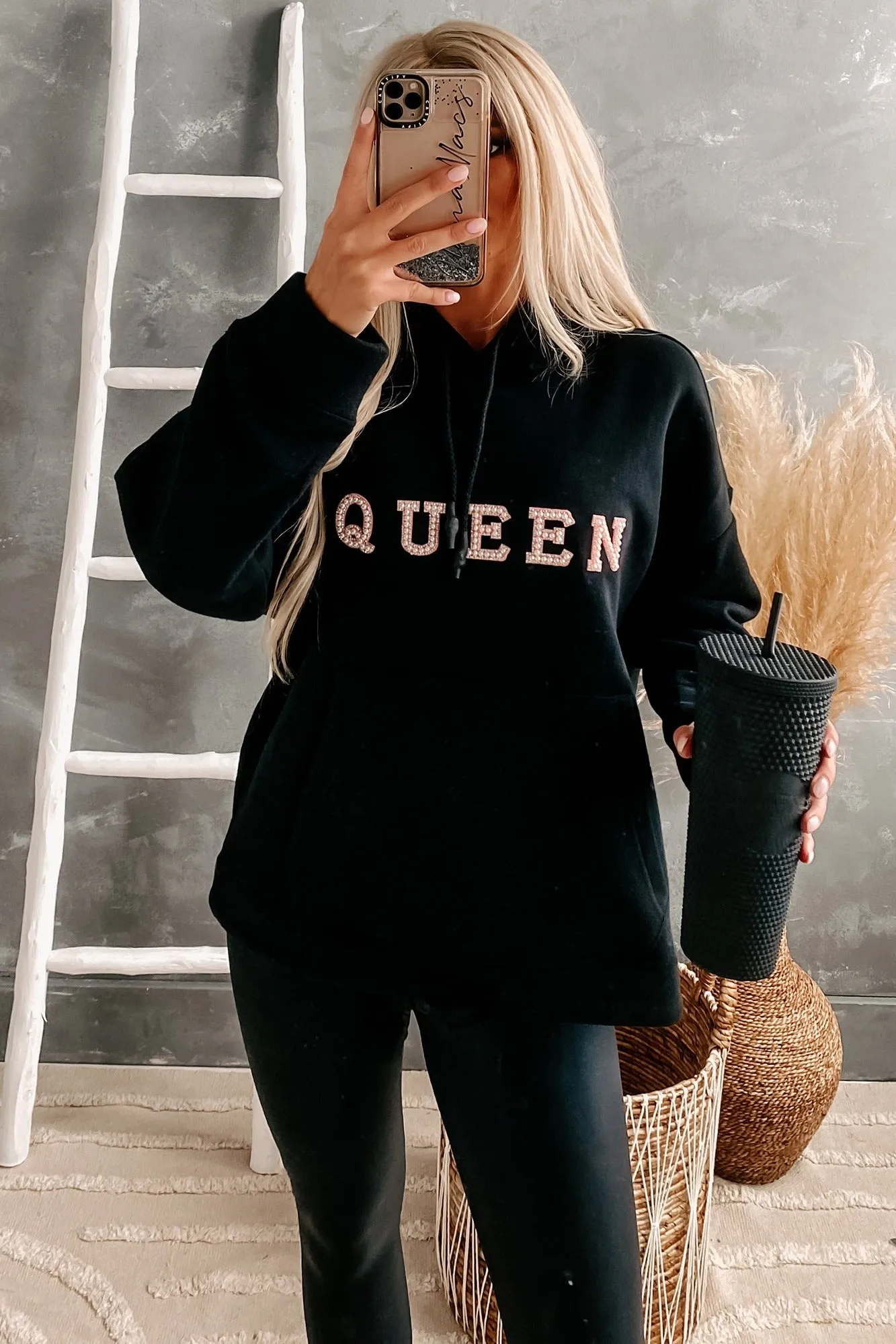 "Queen" Pearl Embellished Drawstring Hem Hoodie (Black)