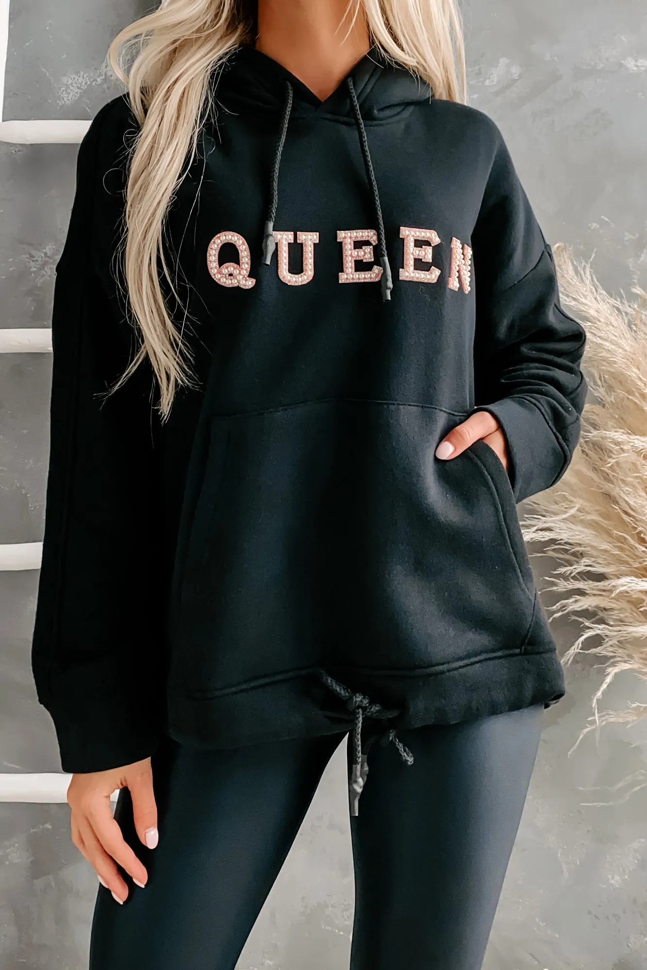 "Queen" Pearl Embellished Drawstring Hem Hoodie (Black)