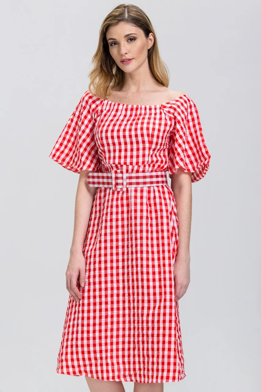 Red Gingham Belted Midi Dress