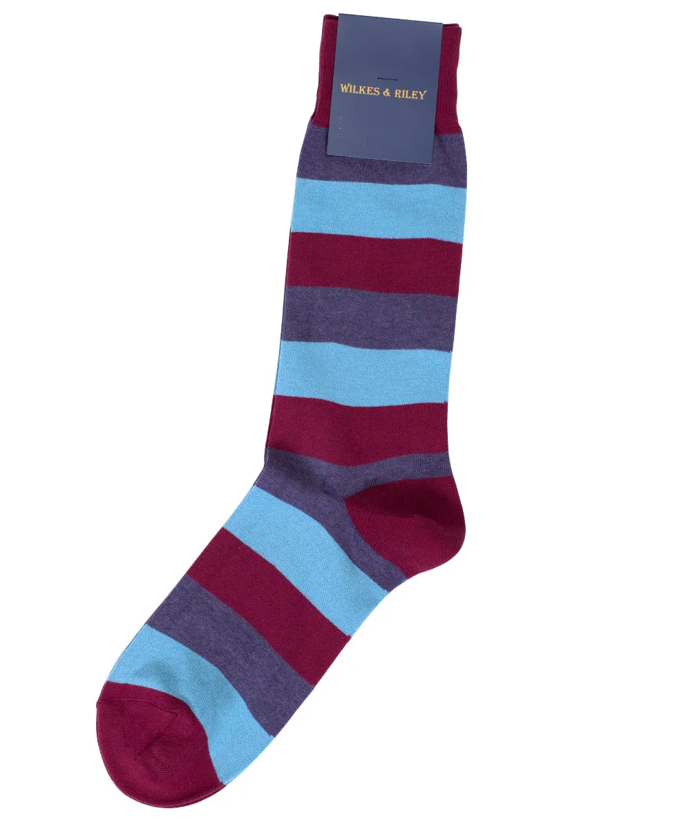 Red, Purple, Sky Three Color Multi Stripe Cotton Sock- Mid Calf