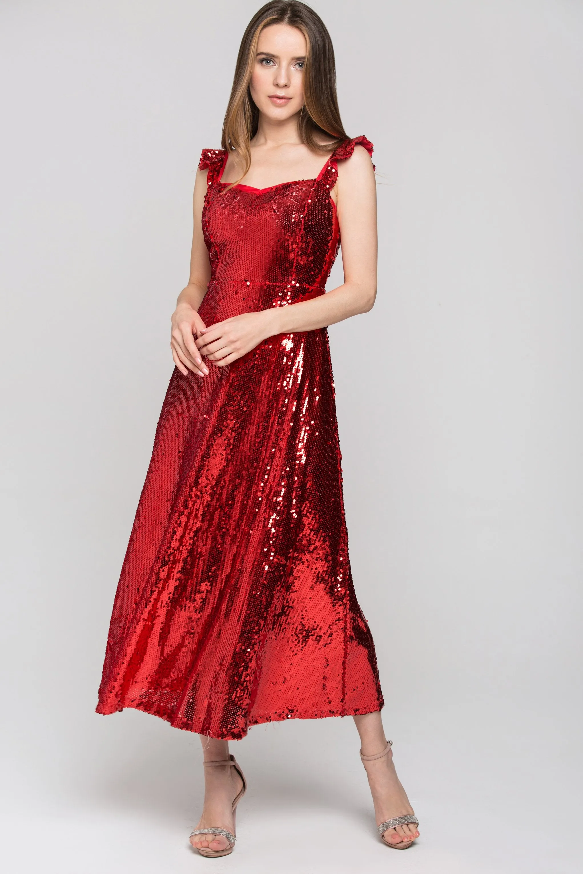 Red Sequined Ruffle Strap Evening Dress