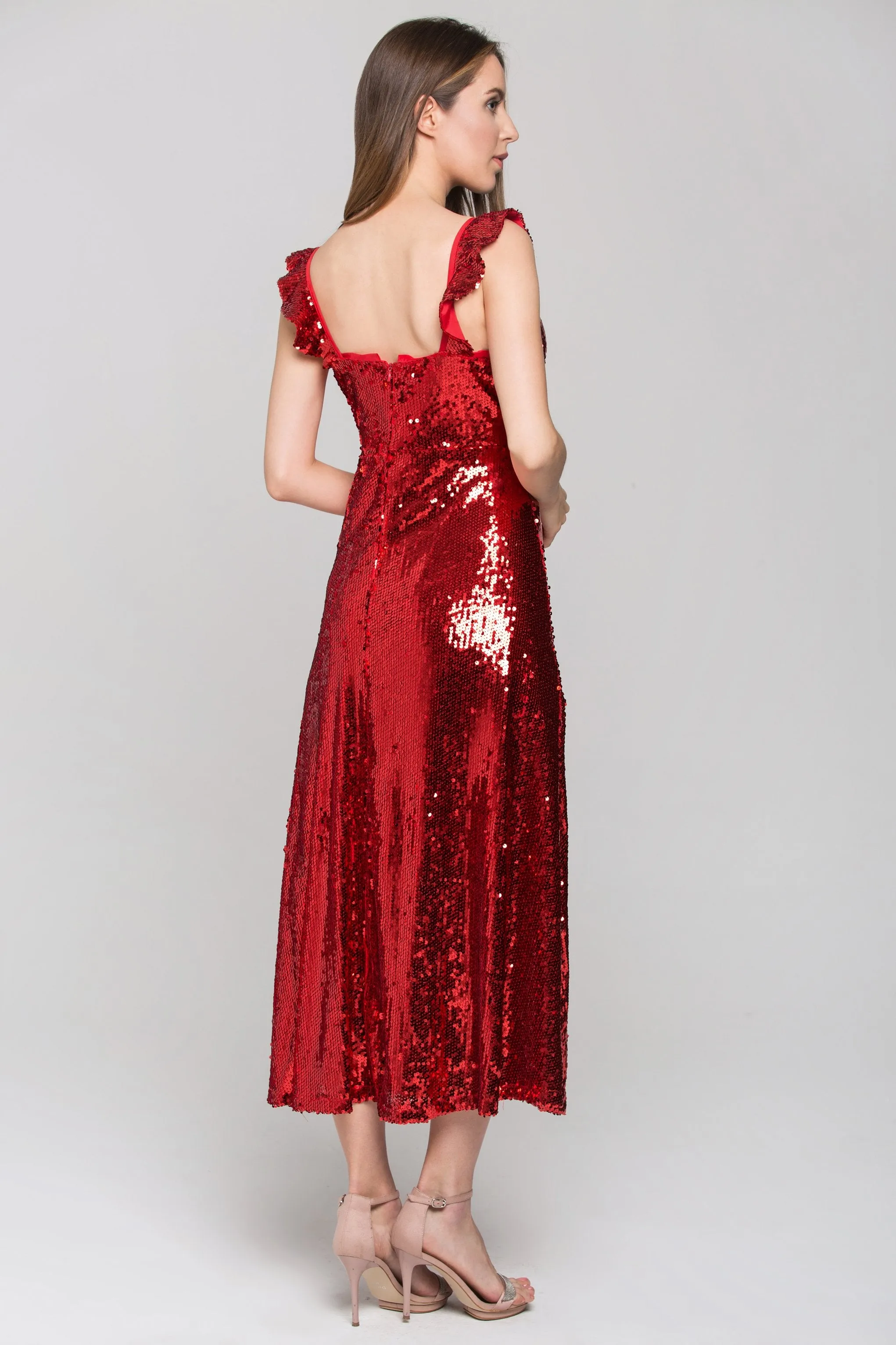 Red Sequined Ruffle Strap Evening Dress