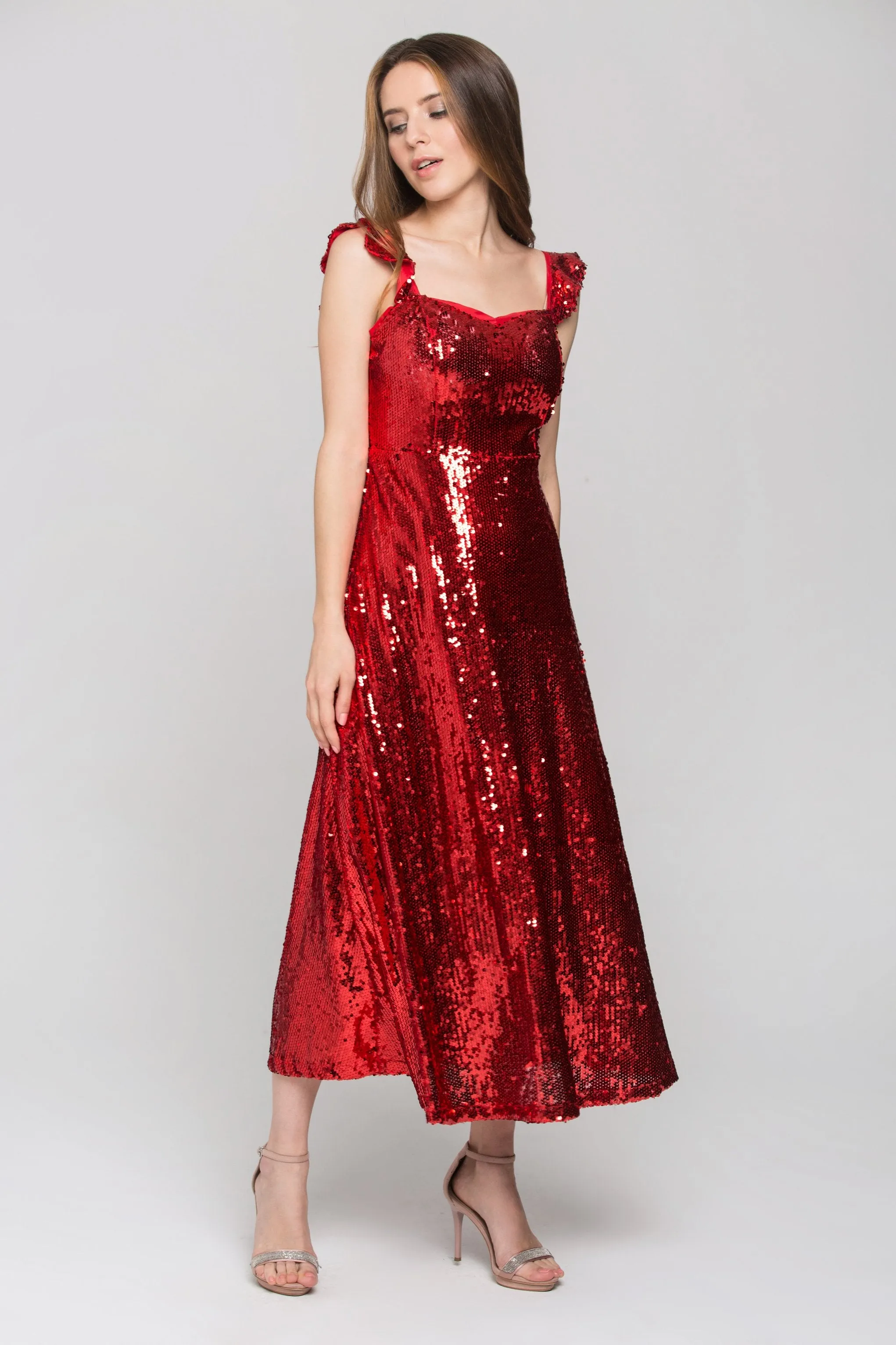 Red Sequined Ruffle Strap Evening Dress