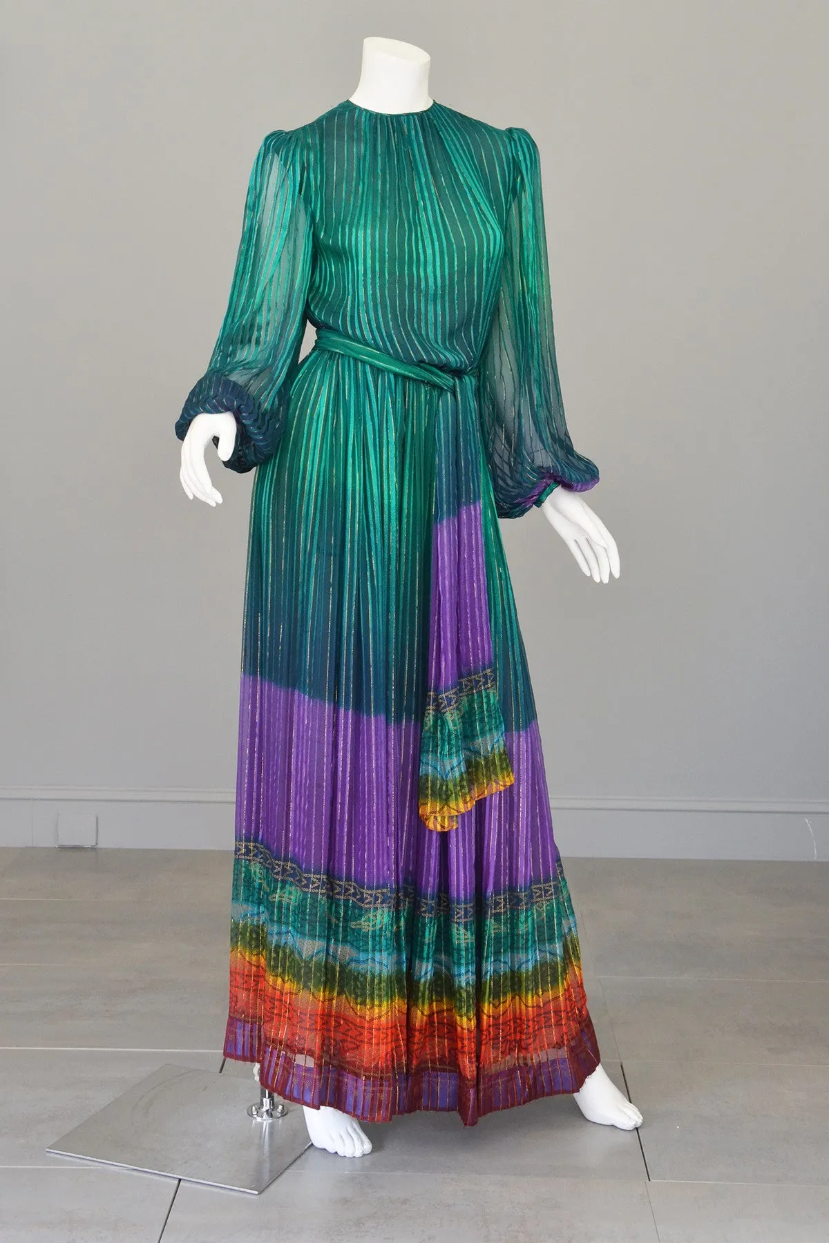 RESERVED 1970s Sheer Peacock Rainbow Silk Maxi Dress with Poet Sleeves Vintage Dress