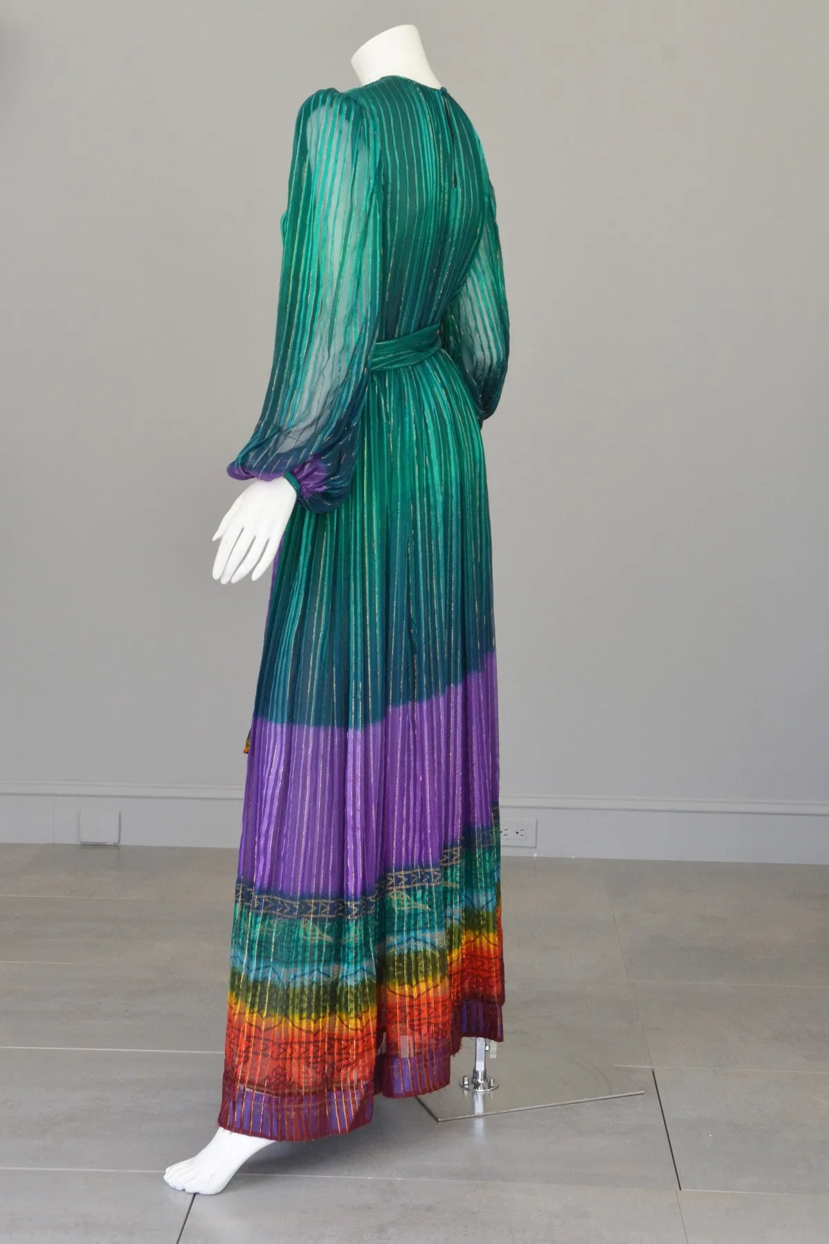 RESERVED 1970s Sheer Peacock Rainbow Silk Maxi Dress with Poet Sleeves Vintage Dress