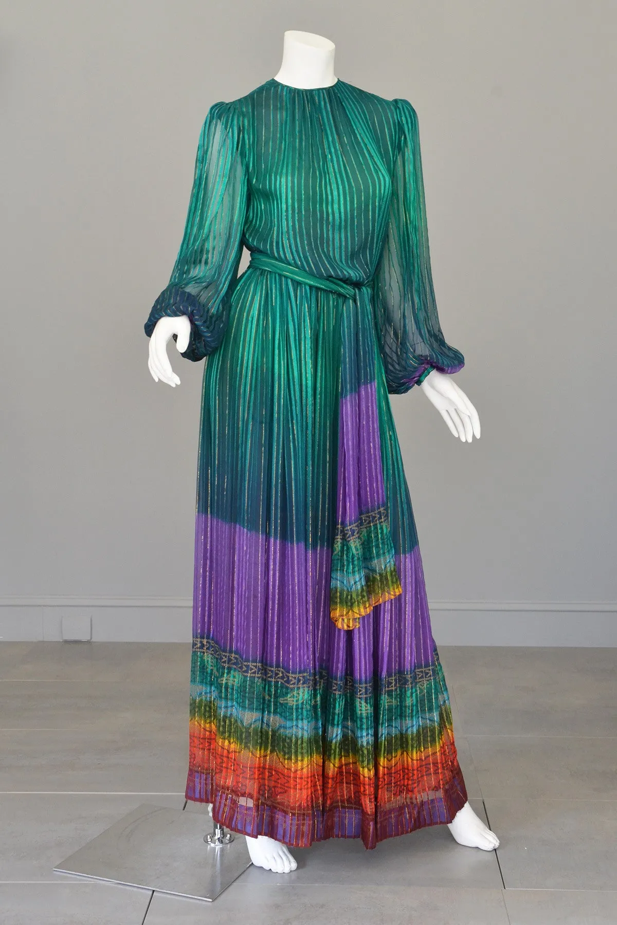 RESERVED 1970s Sheer Peacock Rainbow Silk Maxi Dress with Poet Sleeves Vintage Dress