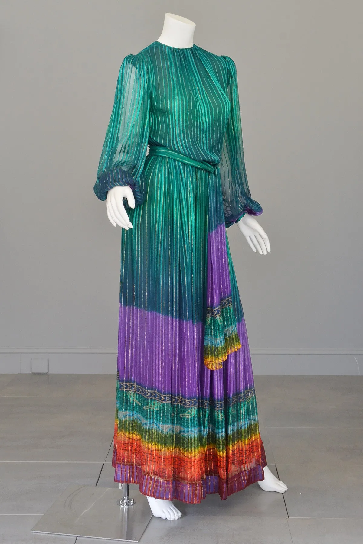 RESERVED 1970s Sheer Peacock Rainbow Silk Maxi Dress with Poet Sleeves Vintage Dress