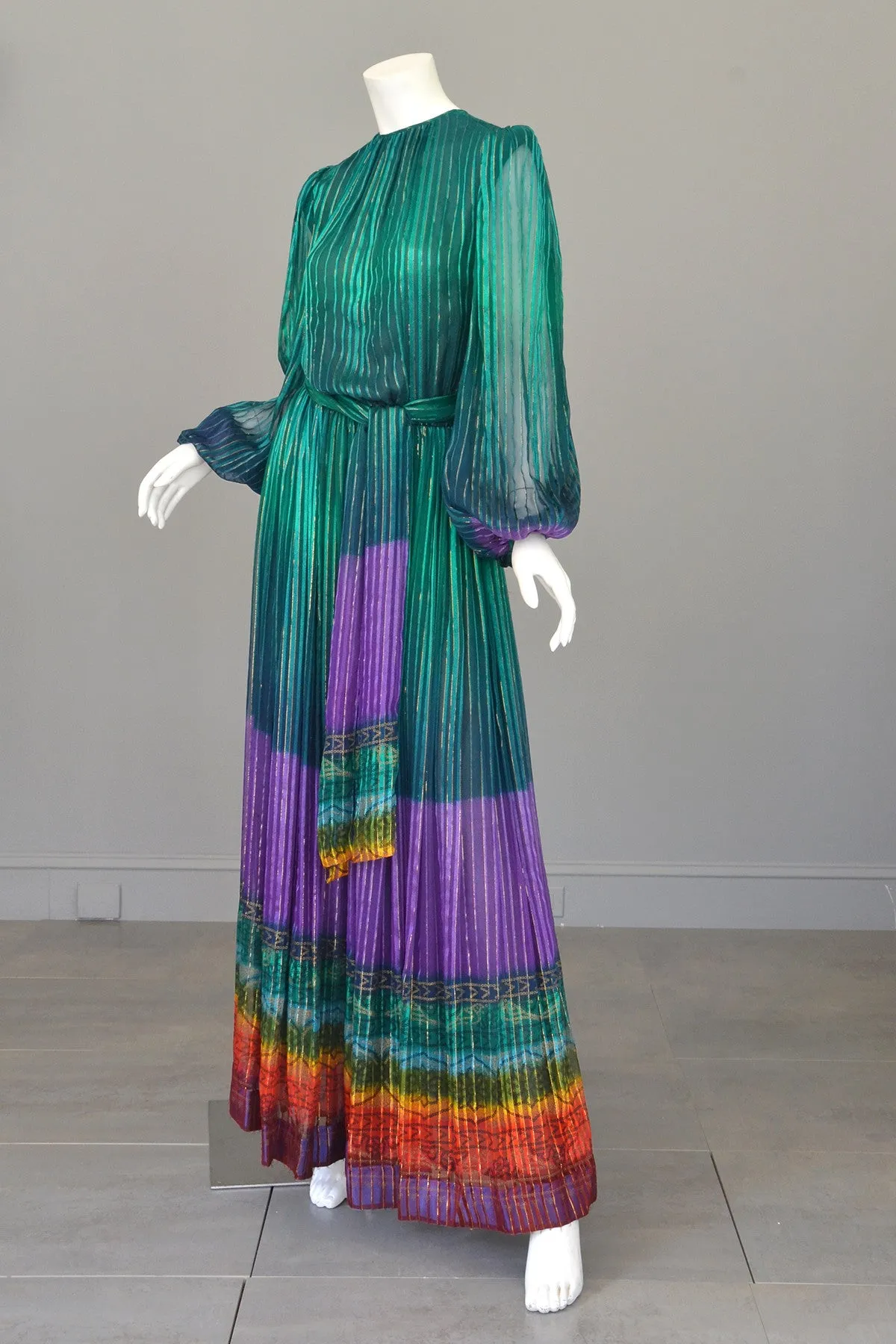 RESERVED 1970s Sheer Peacock Rainbow Silk Maxi Dress with Poet Sleeves Vintage Dress