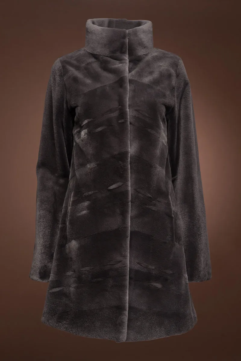 Reversible Chevron Sheared Mid-Length Mink Fur Coat