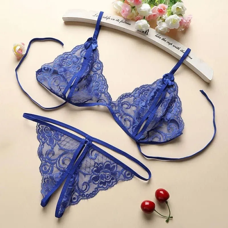 Sexy Bowknot Bra and Thong Set - Women's Hollow Out Lingerie Set