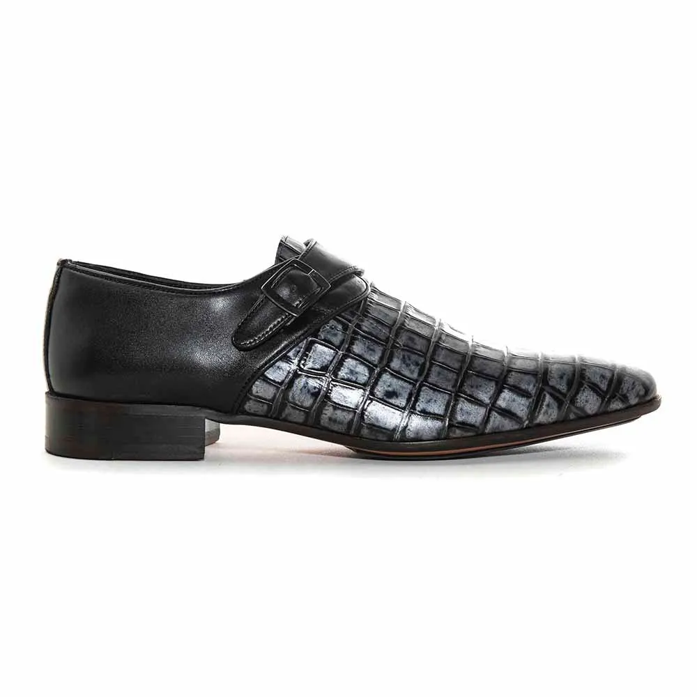 Sigotto Uomo Black Crocodile Print Embossed Monk Strap Buckle Dress Shoes