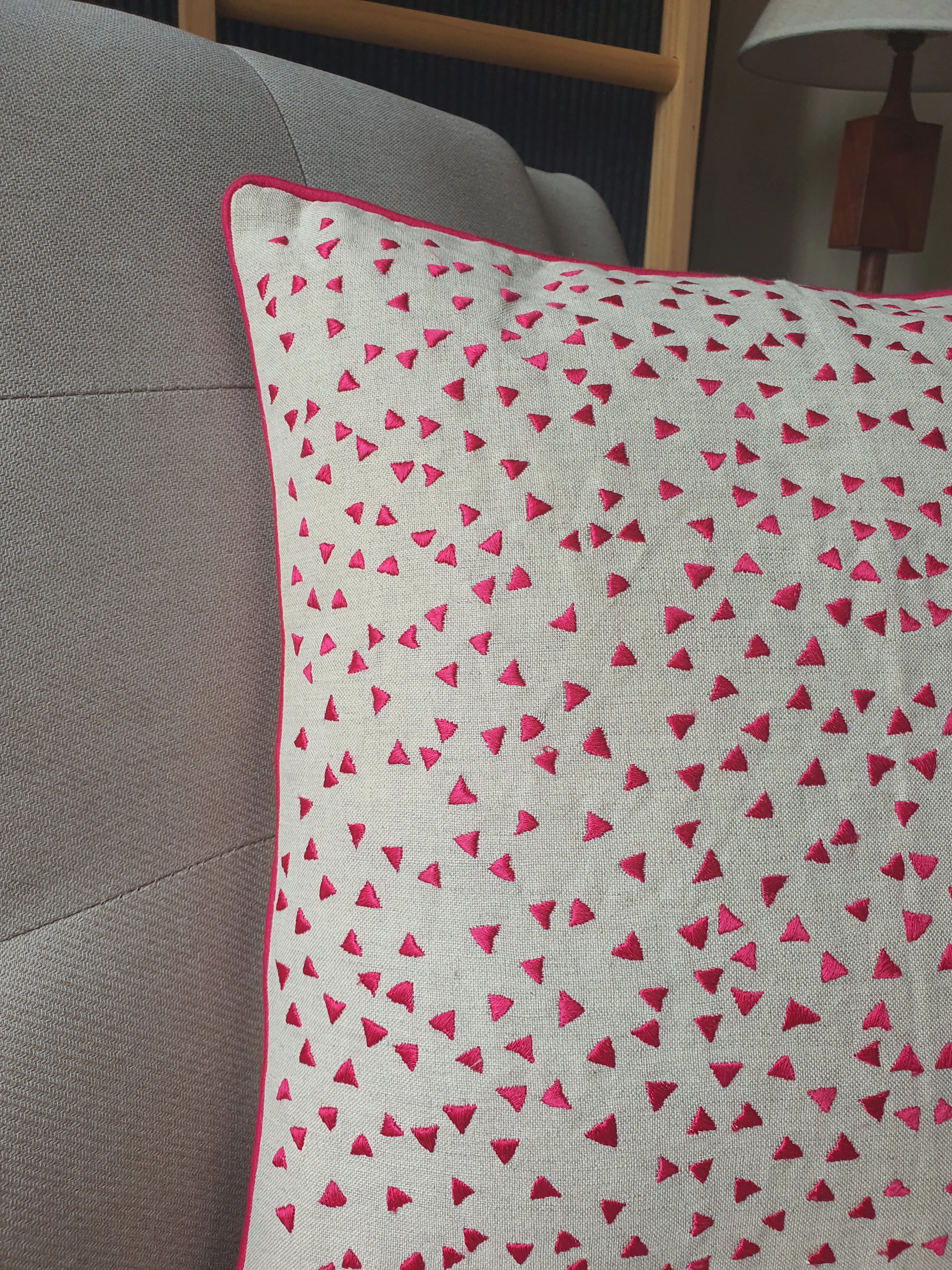 So Fun! Pink Triangle Confetti Embroidery on Linen Pillow Cover