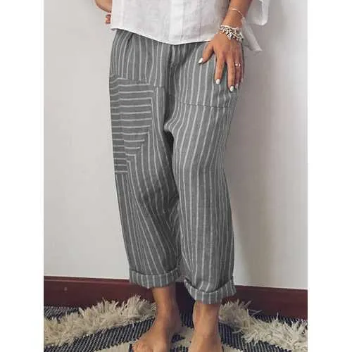 Striped Patchwork Elastic Waist Casual Pants