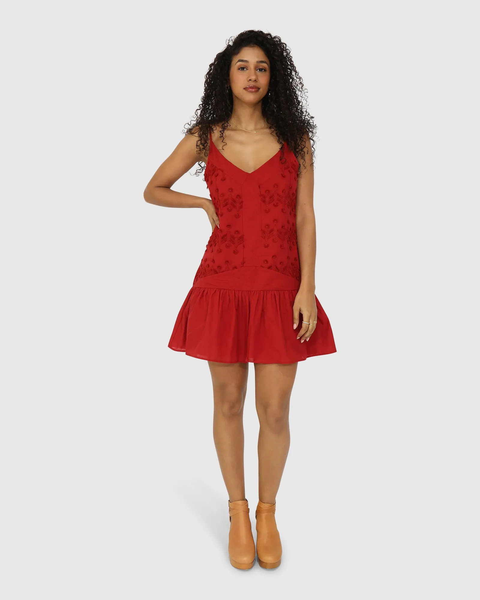 Sunny Afternoon Embroidered Dress - Red