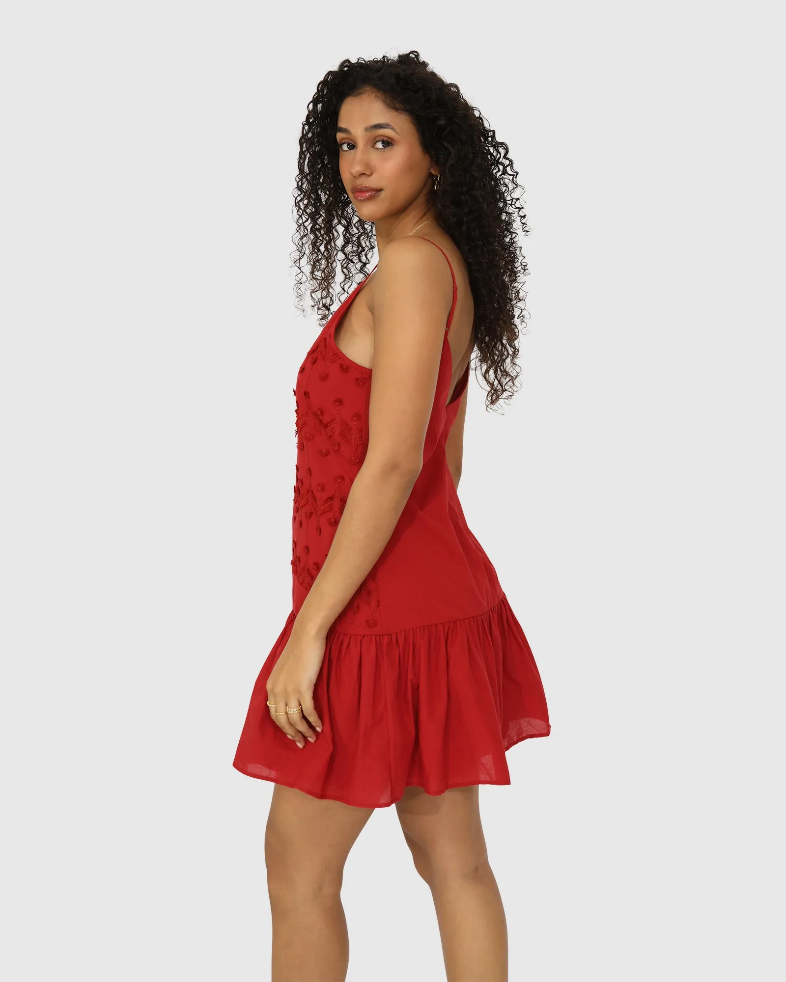 Sunny Afternoon Embroidered Dress - Red