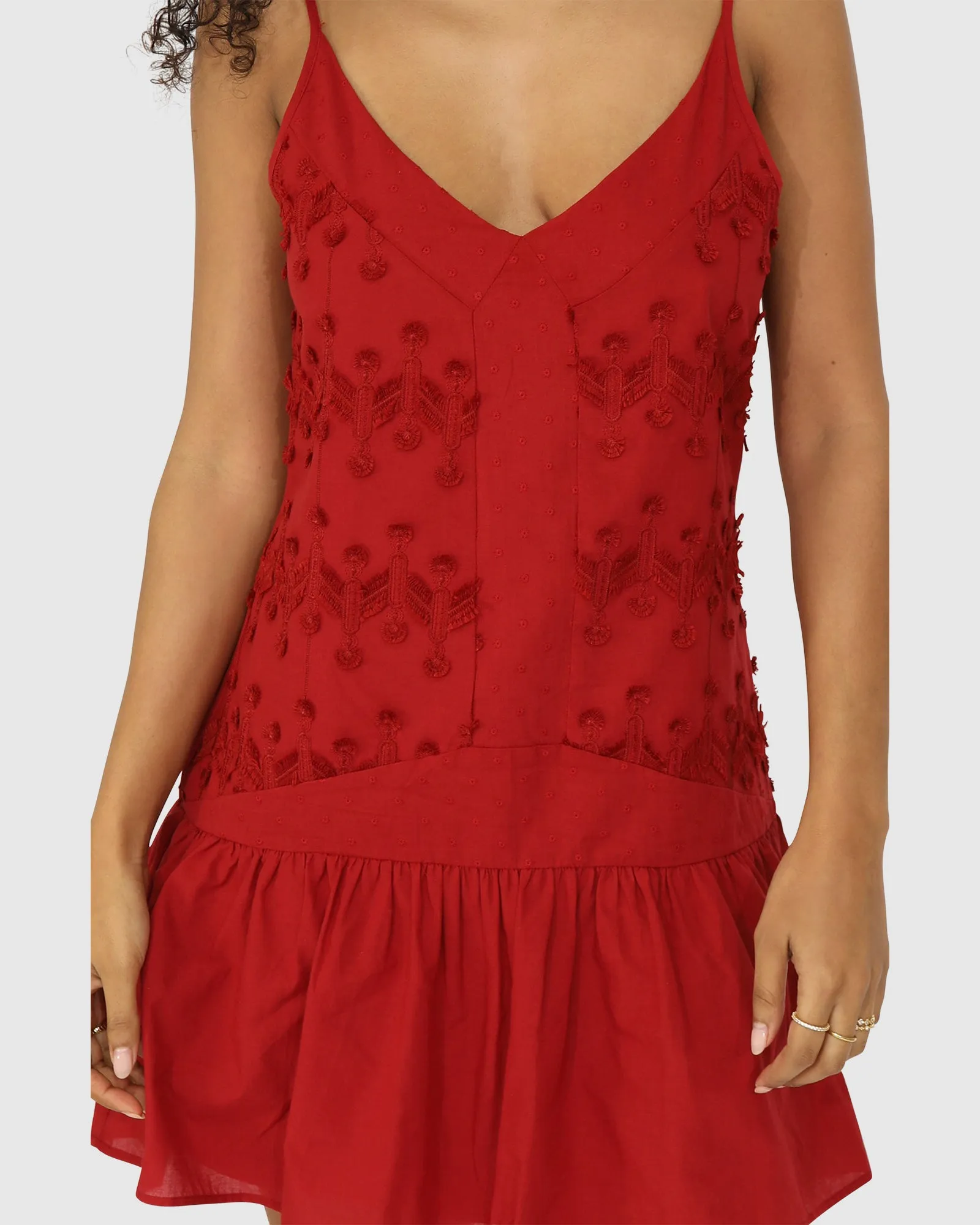 Sunny Afternoon Embroidered Dress - Red