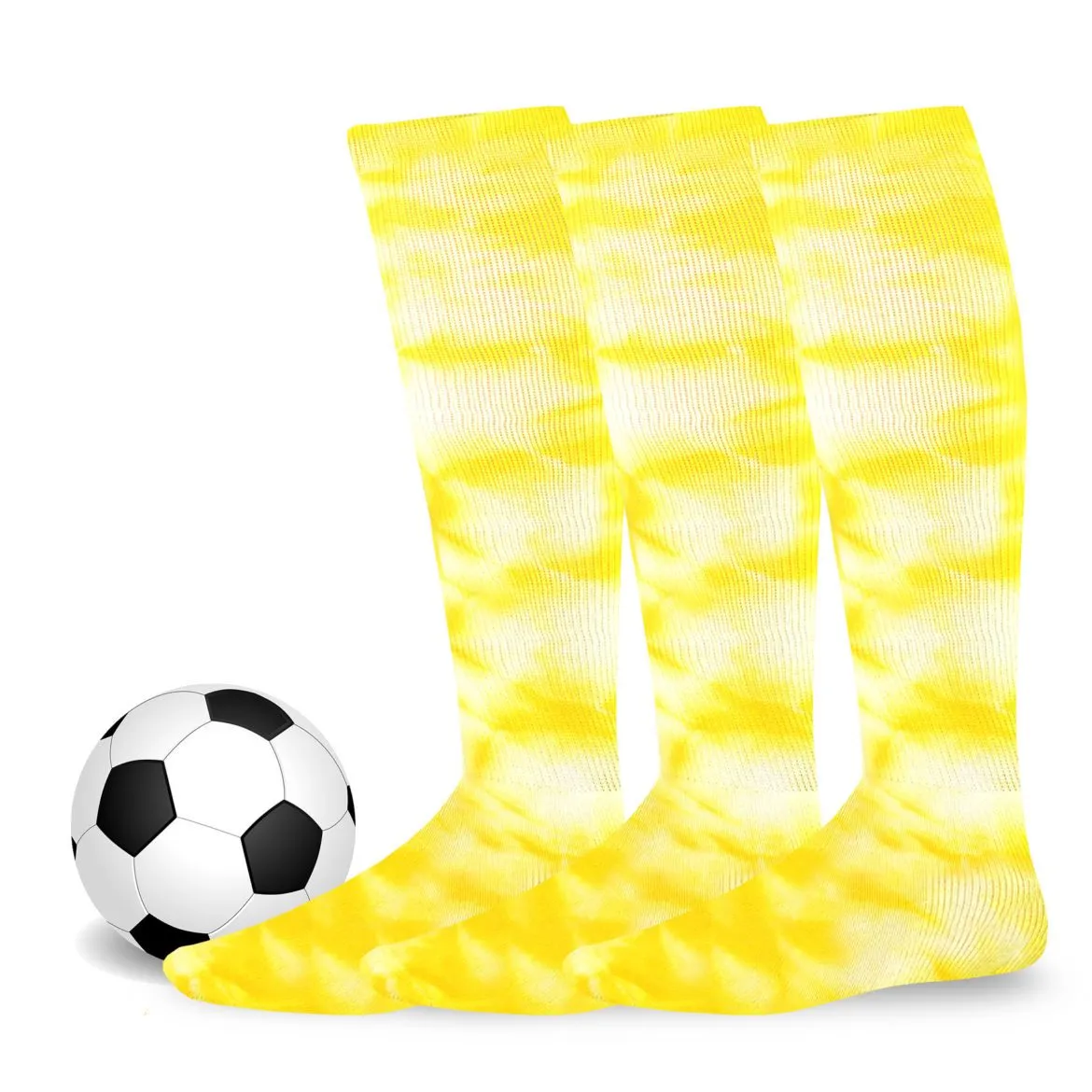 TeeHee Socks Unisex Soccer Cotton Over The Knee High Tie Dye Yellow 3-Pack (50528)