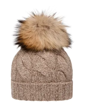 Unisex Chunky Cable Cashmere Hat With Pom Heather Hazel Brown