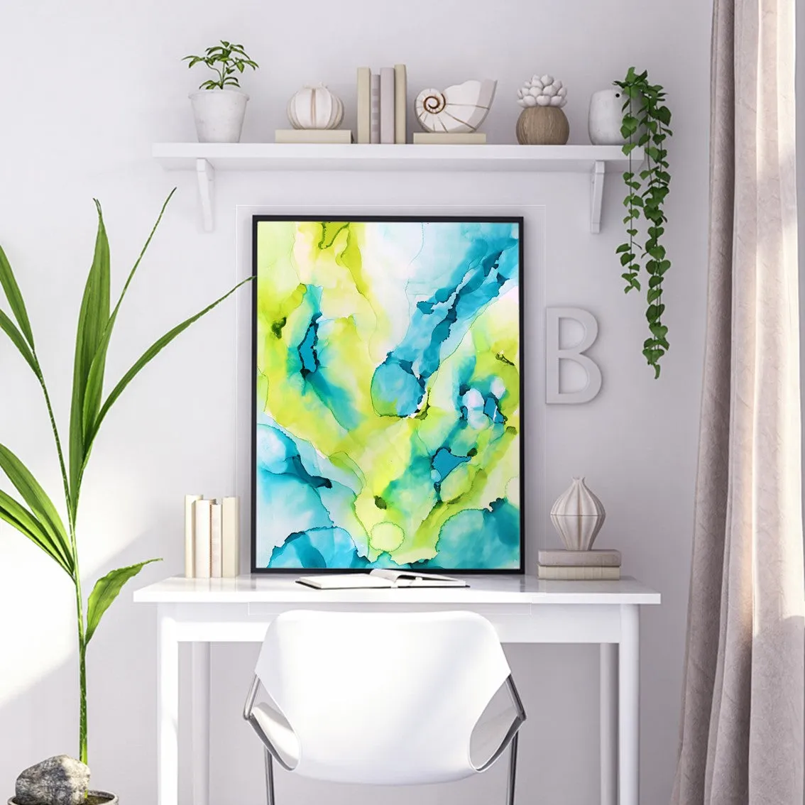 Vertical aqua blue & lime green abstract alcohol ink art print