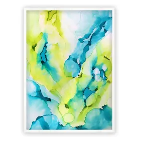 Vertical aqua blue & lime green abstract alcohol ink art print