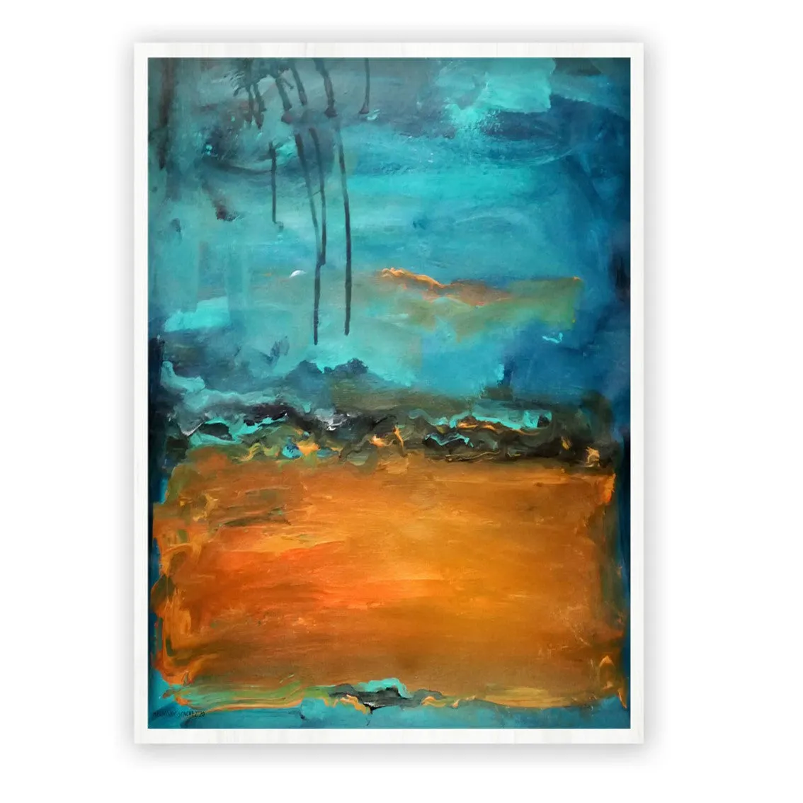 Vertical blue, teal & orange abstract landscape wall art print