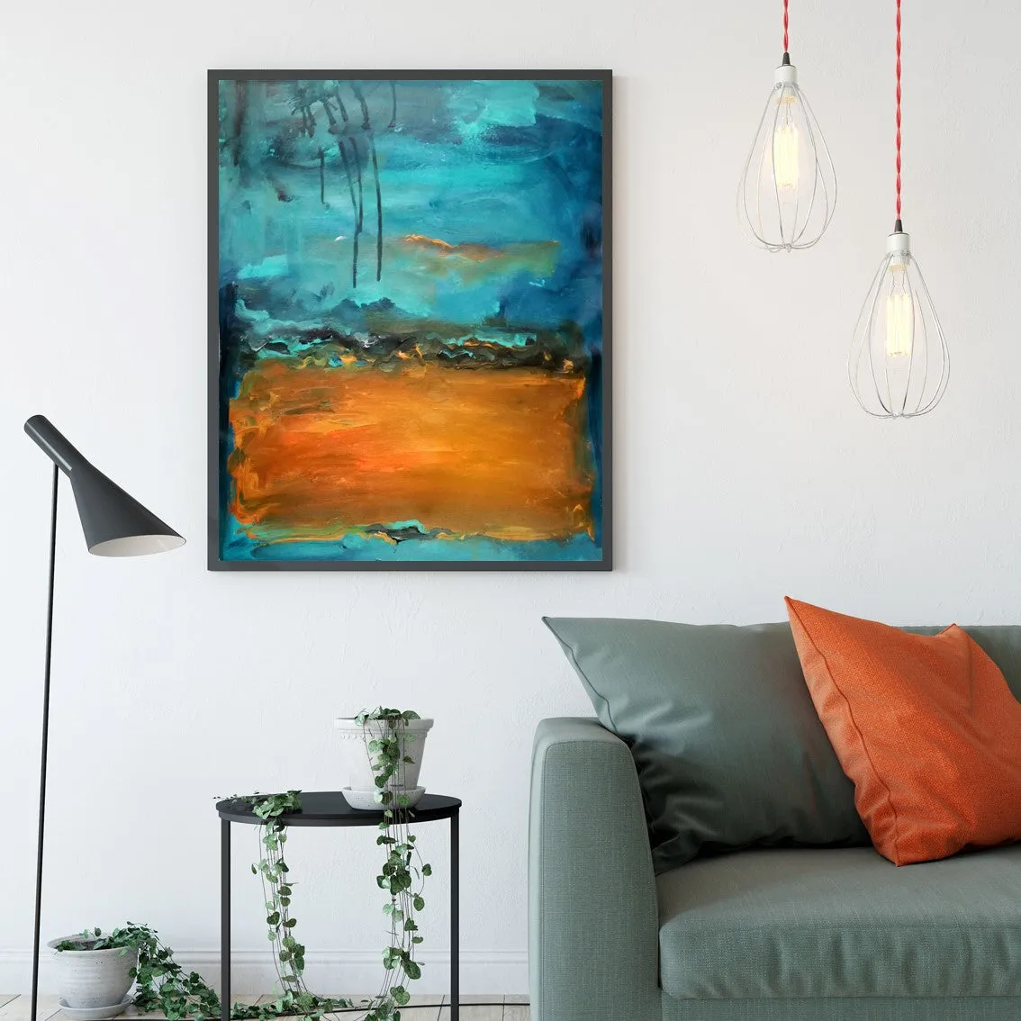 Vertical blue, teal & orange abstract landscape wall art print