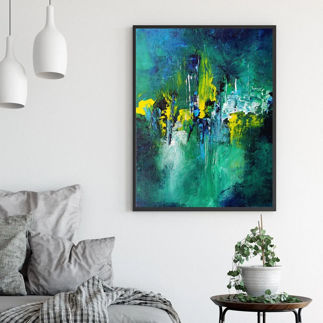 Vertical emerald green & deep blue abstract wall art print