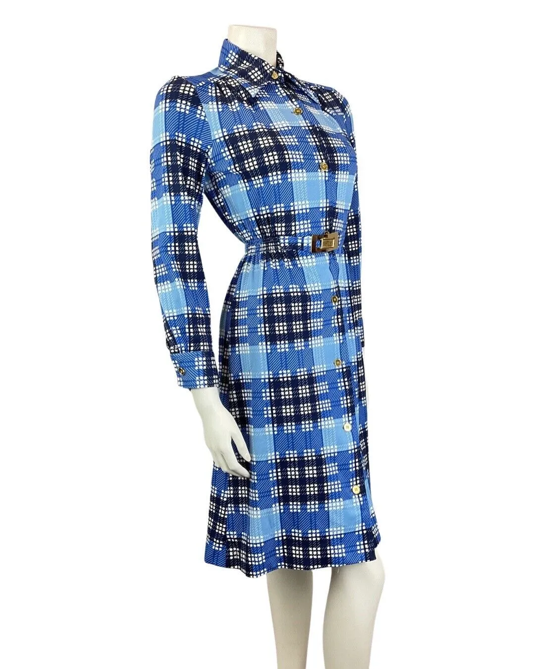 VINTAGE 60s 70s BLUE BLACK WHITE GINGHAM CHECKED BELTED DAGGER SHIRT DRESS 8 10