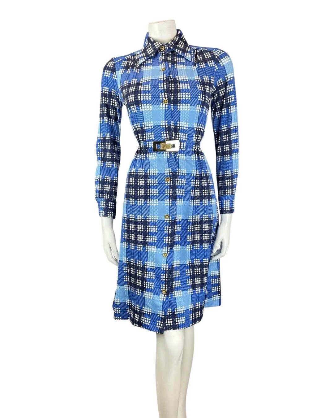 VINTAGE 60s 70s BLUE BLACK WHITE GINGHAM CHECKED BELTED DAGGER SHIRT DRESS 8 10