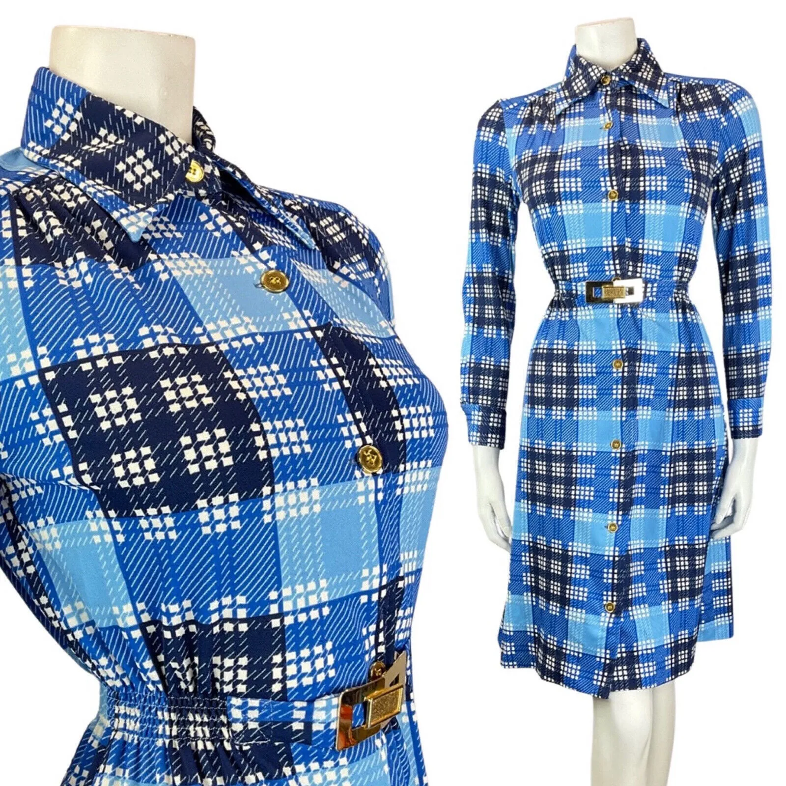 VINTAGE 60s 70s BLUE BLACK WHITE GINGHAM CHECKED BELTED DAGGER SHIRT DRESS 8 10